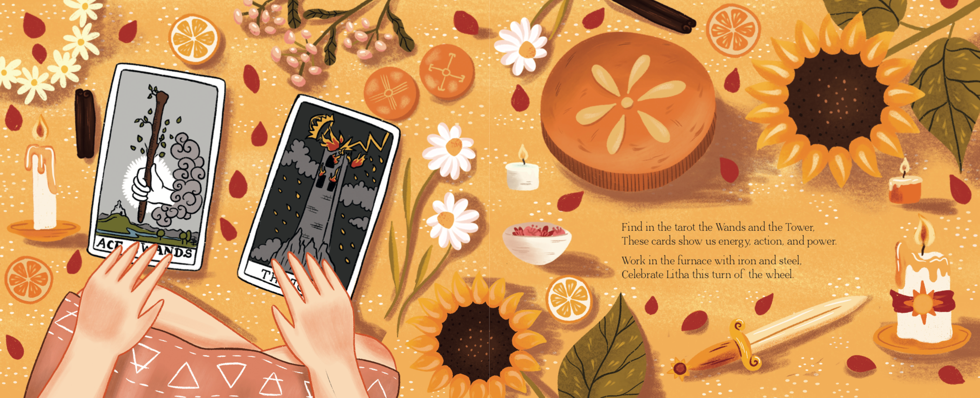 Illustration from the book "Song of the Elements" of hands holding tarot cards with a pie, sunflowers, and candles on a table.