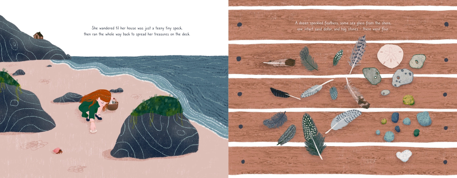 Illustrated book page with a child on a beach and close-up of seashells and feathers.