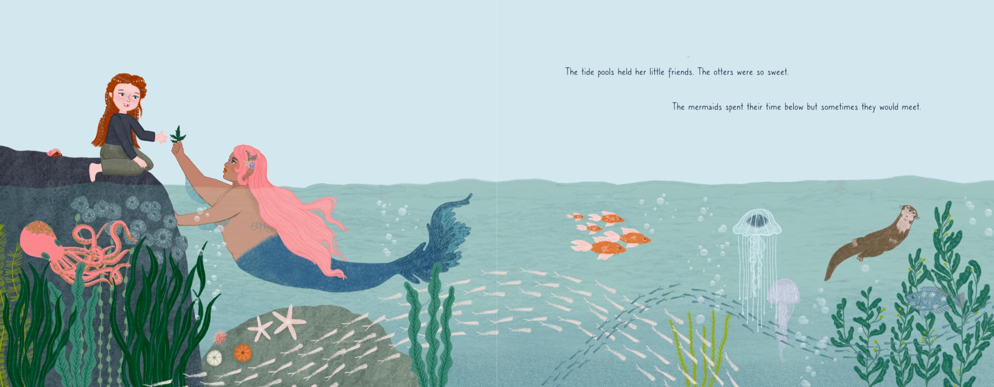 Book page illustration of a mermaid and a girl on a rock with underwater scenery.