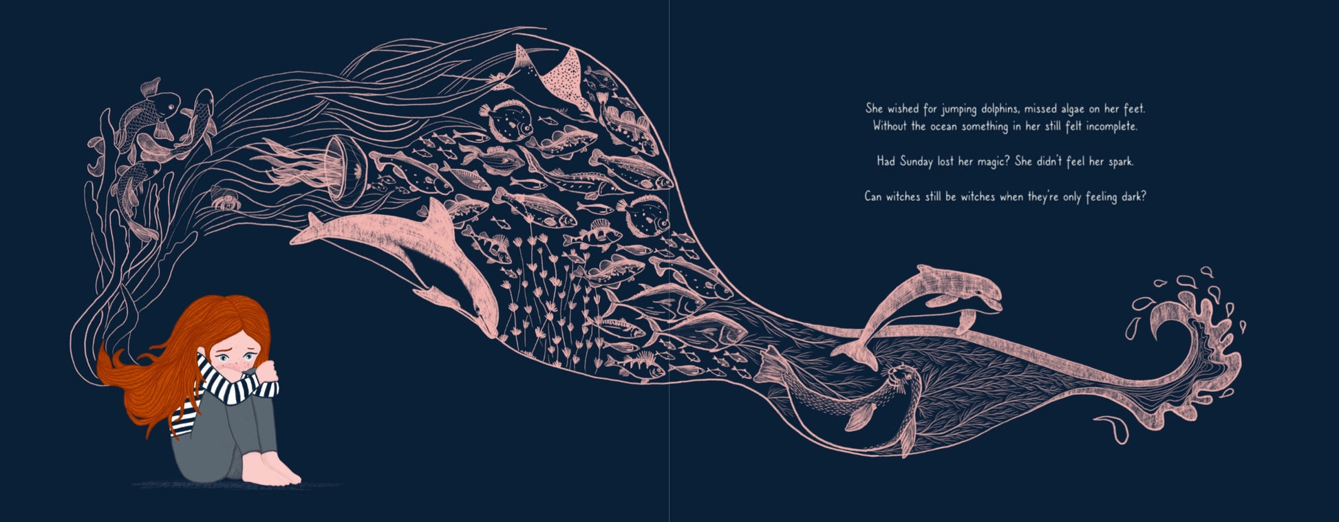 Book page illustration of a child sitting next to a large, mythical creature on a dark blue background.