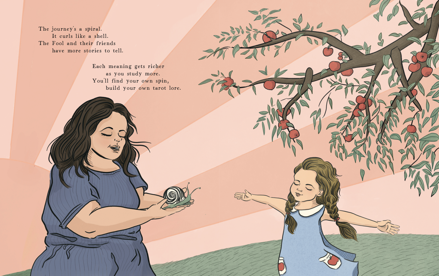 Book page illustration of a parent and a child under an apple tree with text on a pink background