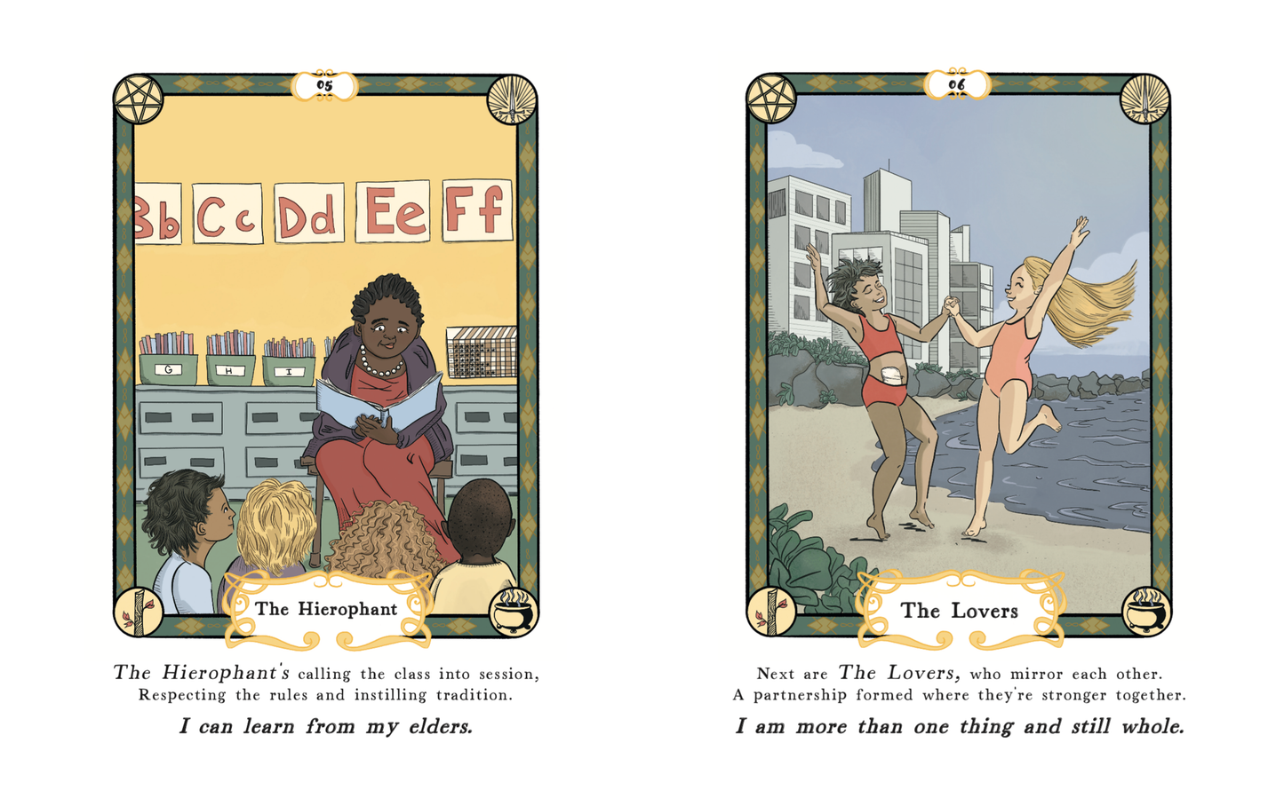 Two illustrated tarot cards from a children's book, one titled 'The Hierophant' and the other 'The Lovers', with text underneath each card.