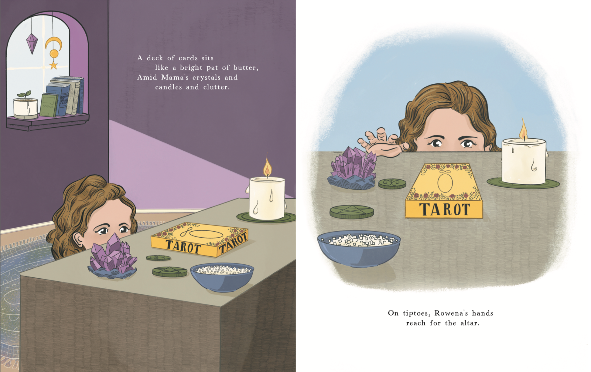 Book page illustration of a child curious about  tarot card reading table with candles and crystals