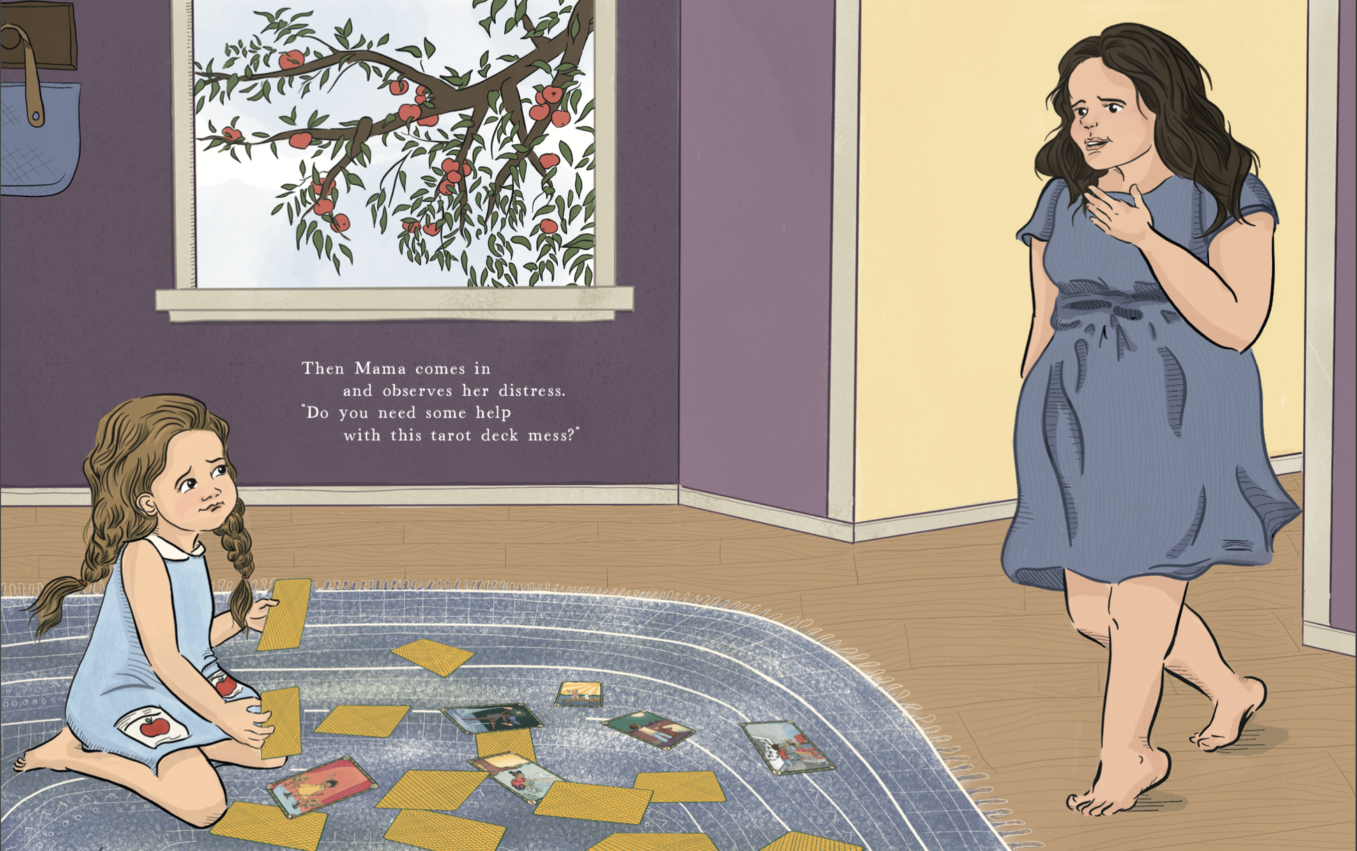 Book page illustration of a child and their parent in a room with tarot cards on the floor.