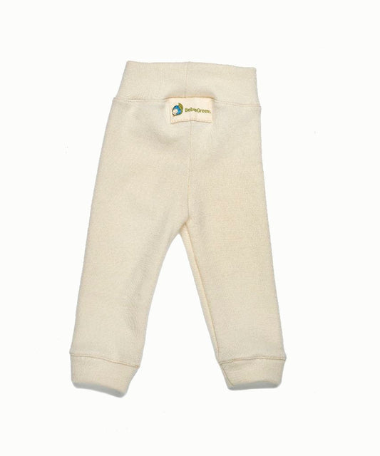 Beige baby pants with a logo on a white background