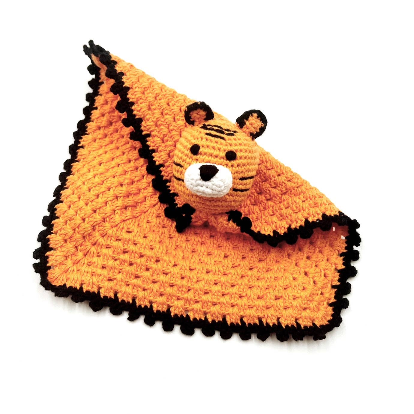 Crocheted tiger lovey folded on a white background
