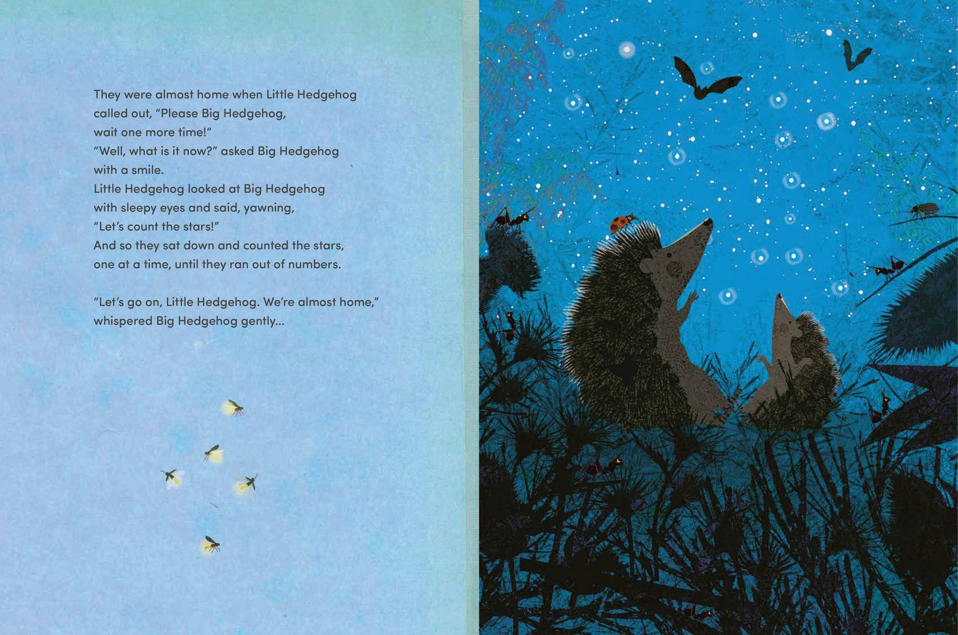 a page from big hedgehog and little hedgehog take an evening stroll where it's nighttime
