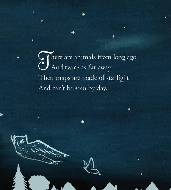 a page from the Dream Animals board book reading "There are animals from long ago And twice as far away, Their maps are made of starlight And can't be seen by day."