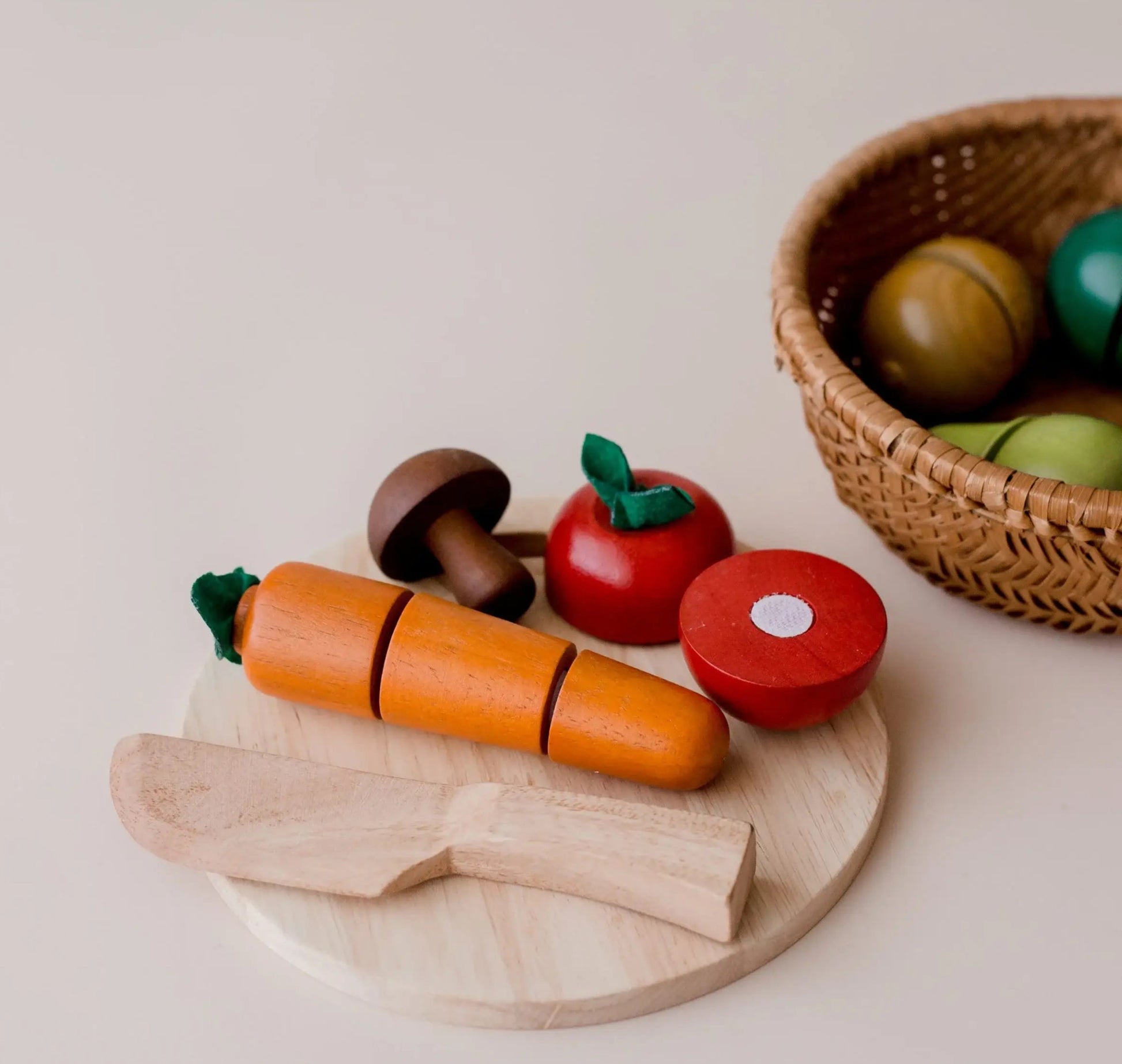 wooden produce set with basket, knife, and cutting board