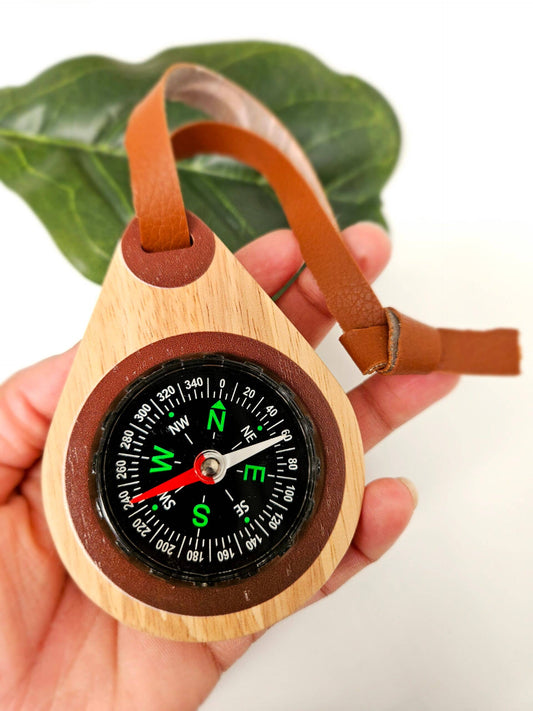 a hand holding a wooden toy compass