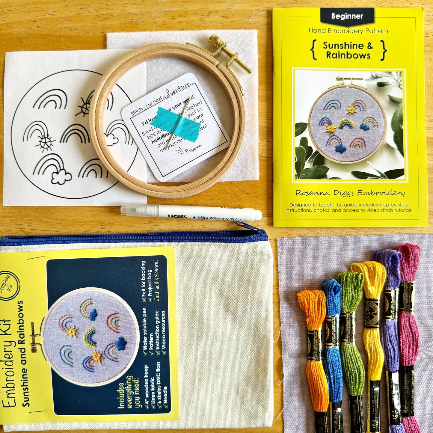Embroidery kit with hoop, thread, pattern paper, and books on a wooden surface.