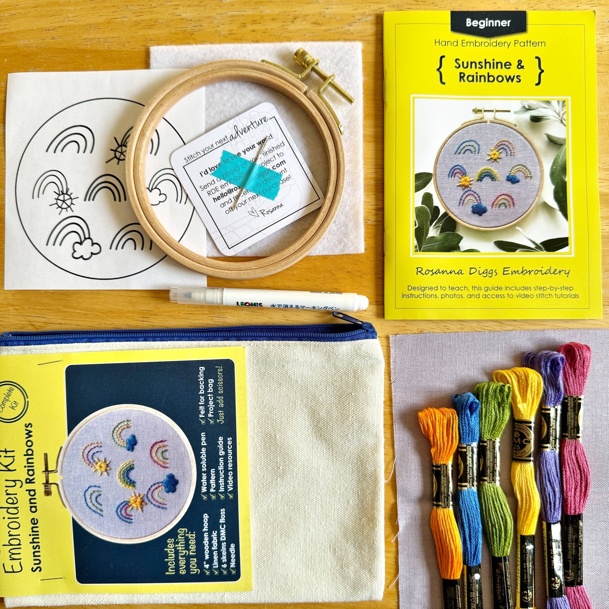Embroidery kit with hoop, thread, pattern paper, and books on a wooden surface.