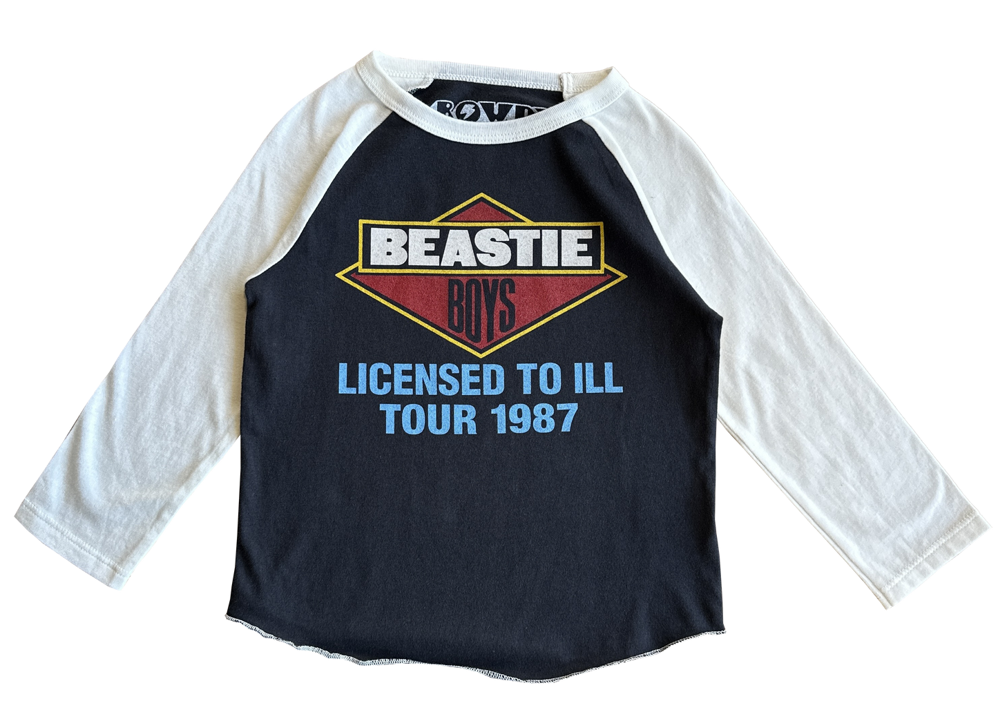 Black and white raglan shirt with Beastie Boys logo and text on a white background