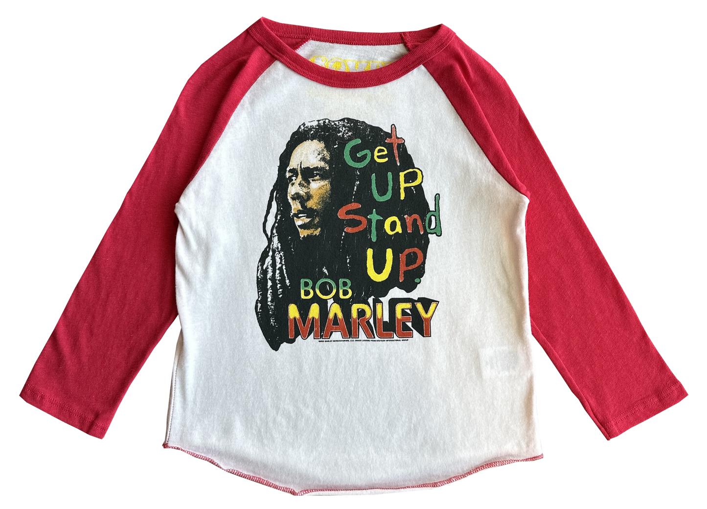 Long-sleeve shirt with Bob Marley graphic and text on a white background