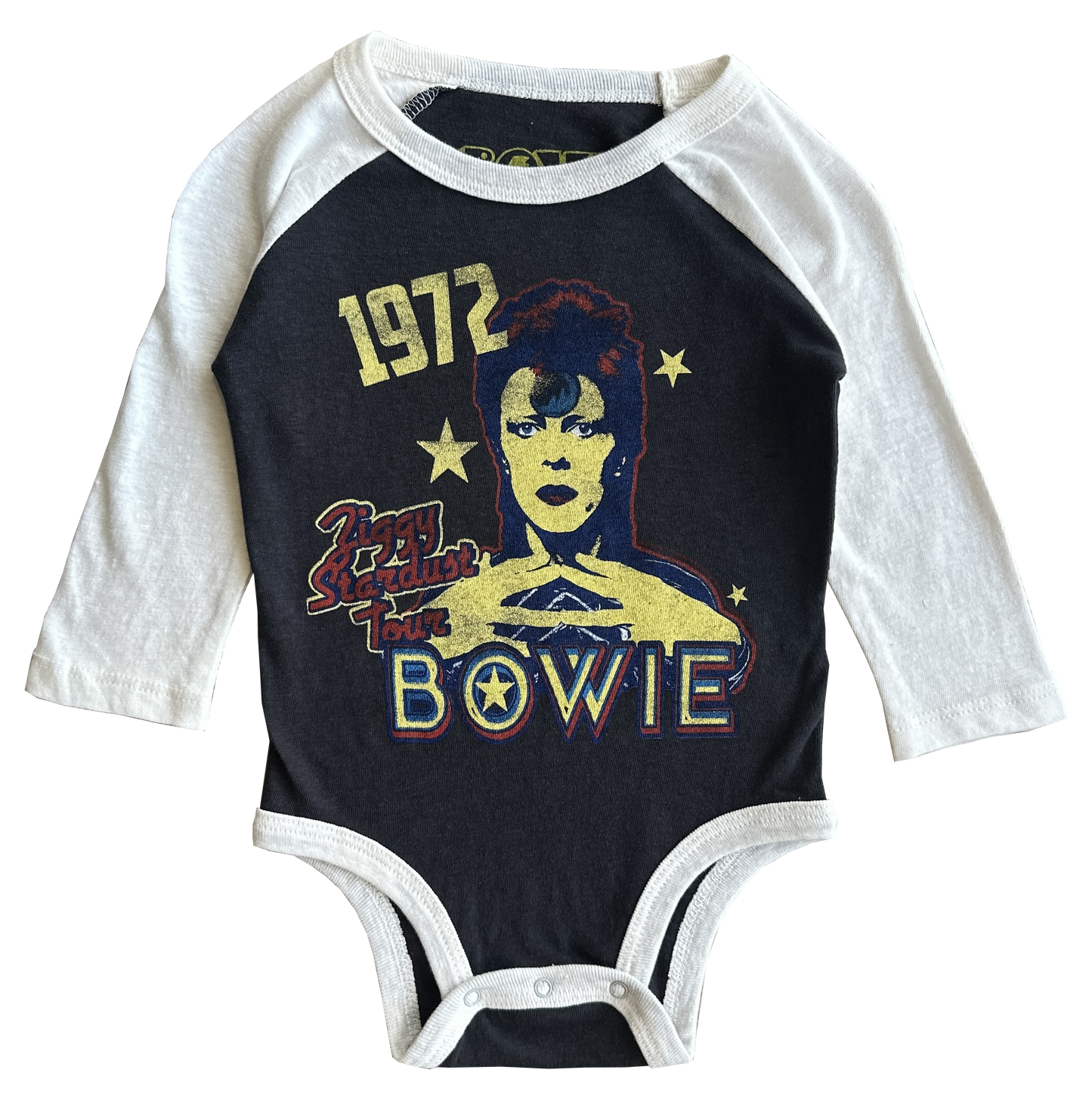 Baby onesie with David Bowie graphic design on a white background