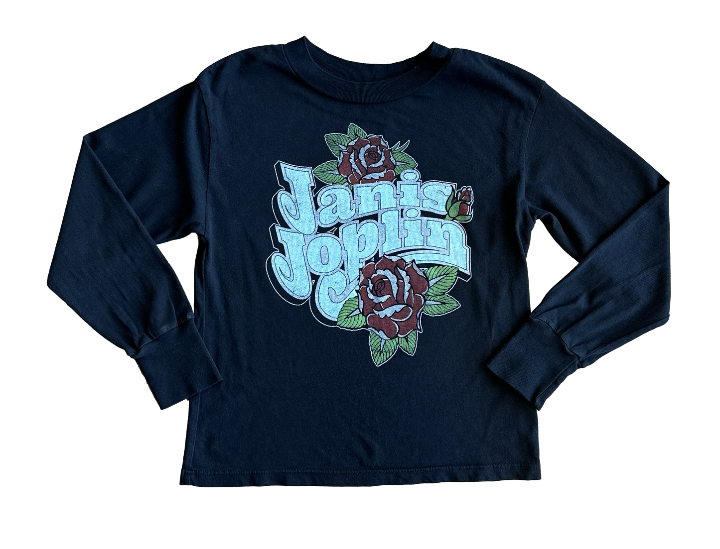 Navy blue long-sleeve shirt with janis Joplin floral design