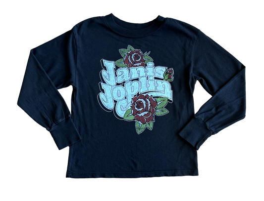 Navy blue long-sleeve shirt with janis Joplin floral design