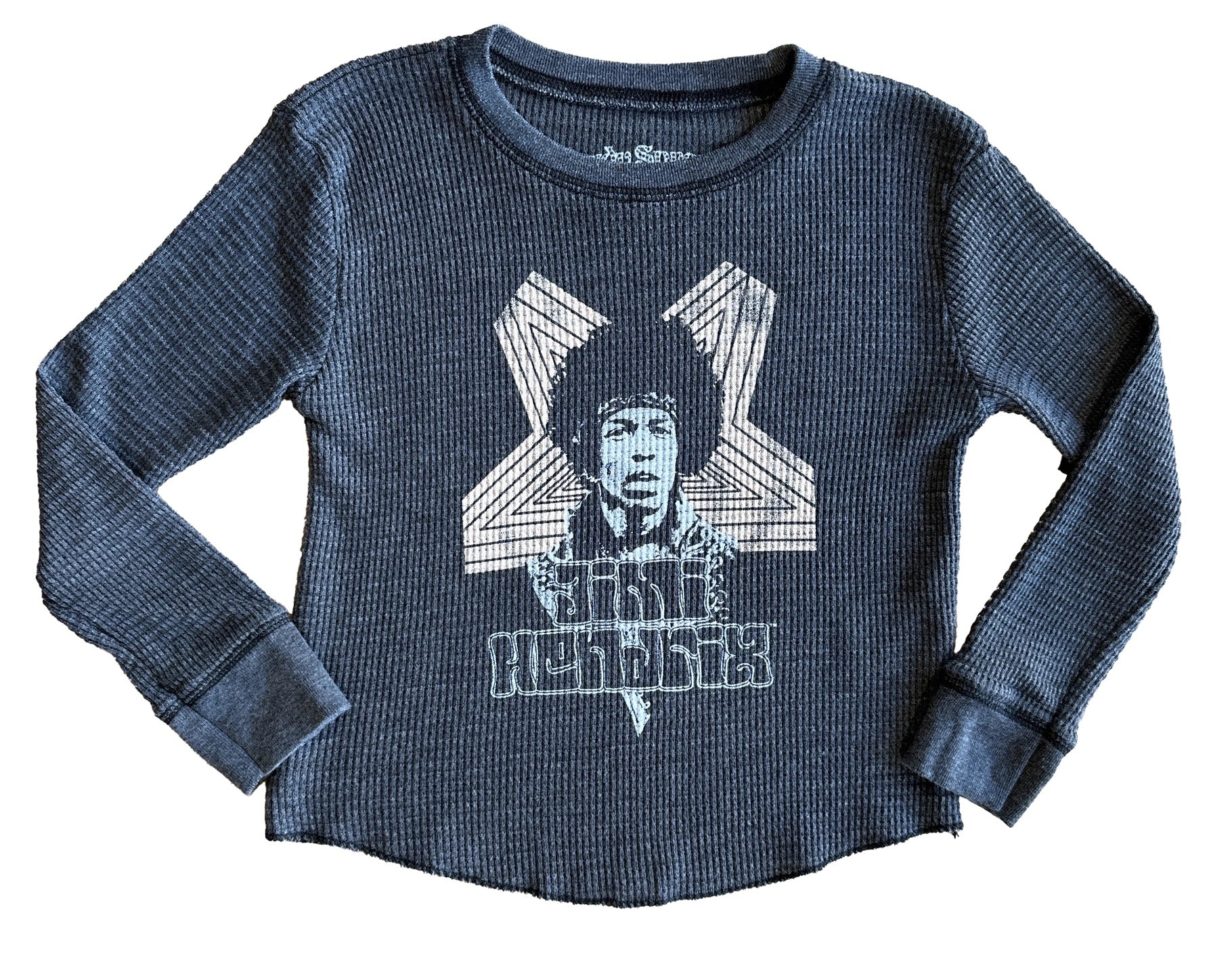 Grey thermal shirt with Jimi Hendrix design on a white background