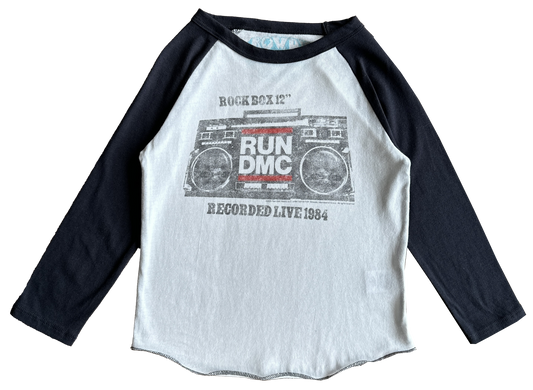 Raglan shirt with Run DMC graphic design on a white background
