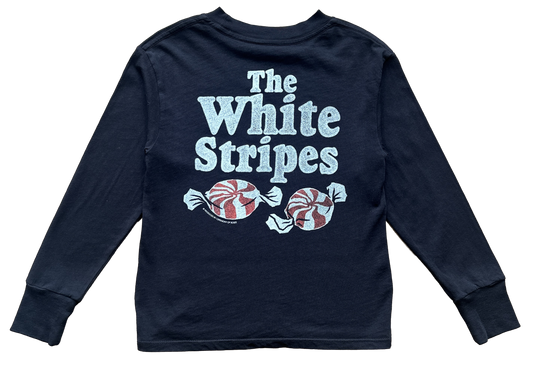 Navy blue long-sleeve shirt with 'The White Stripes' text and candy design on a white background