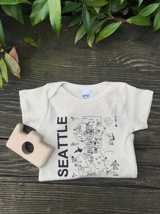 Seattle map onesie and camera wooden teether