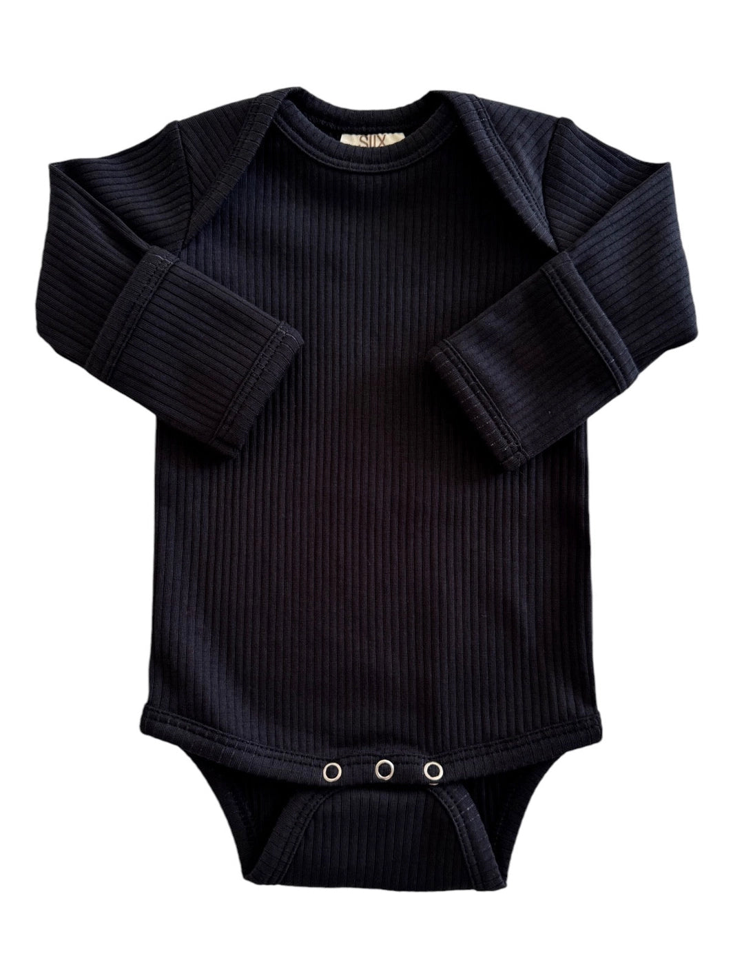 Black ribbed baby onesie with long sleeves on a white background