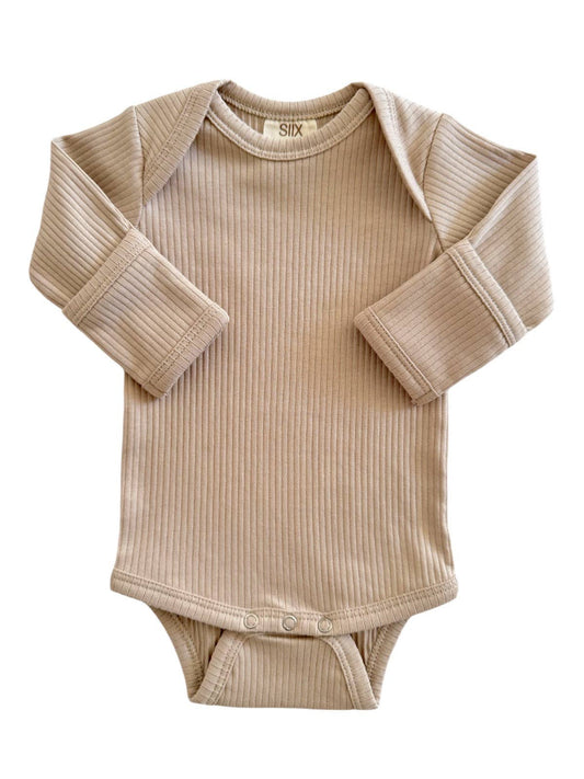 Beige ribbed baby onesie with long sleeves on a white background