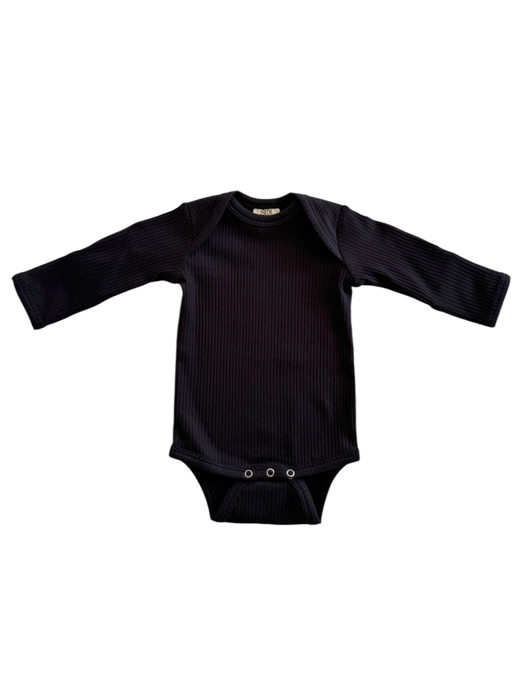 Black ribbed baby onesie on a white background