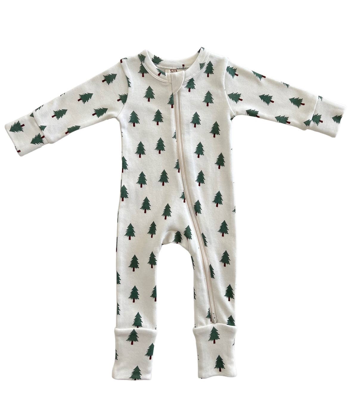 Baby romper with green tree pattern on a white background