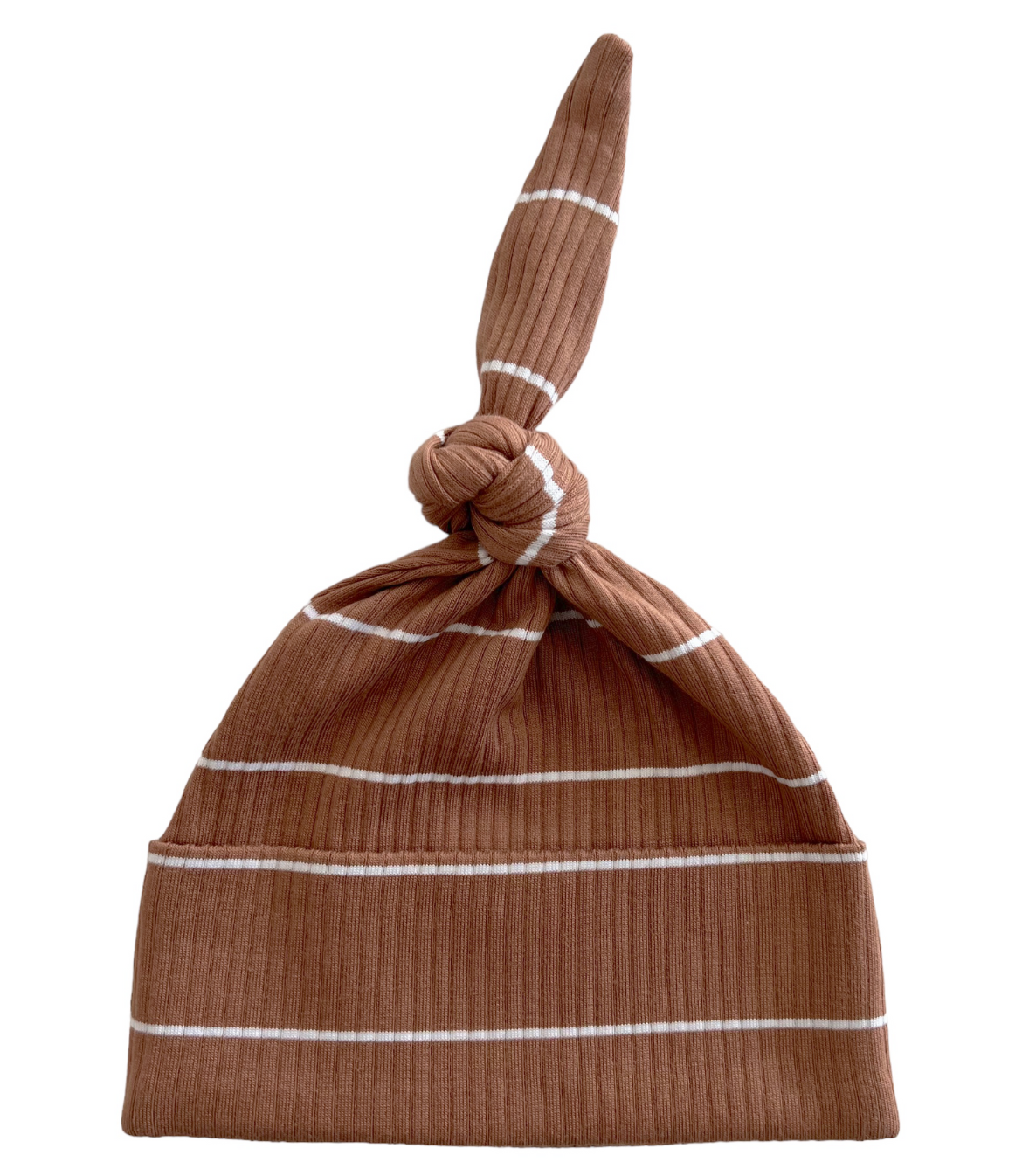 Brown ribbed baby hat with white stripes on a white background