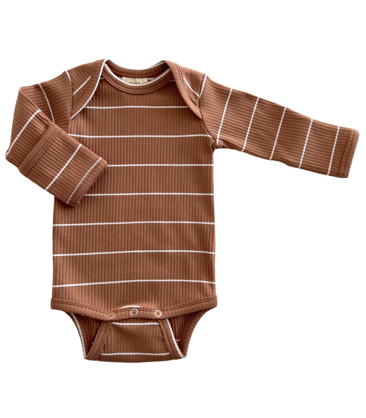 Brown ribbed baby onesie with white stripes on a white background