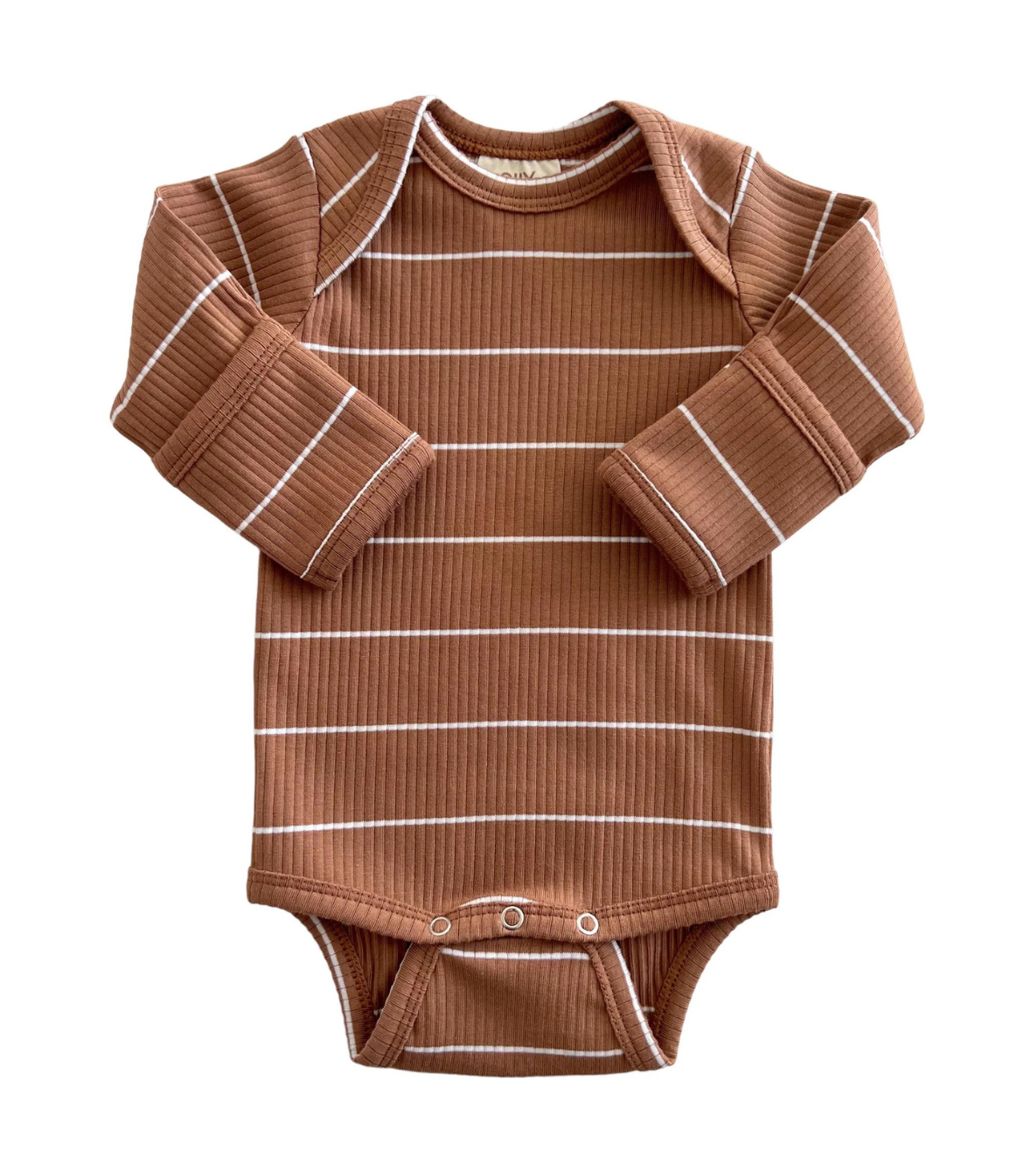 Brown ribbed baby onesie with white stripes on a white background