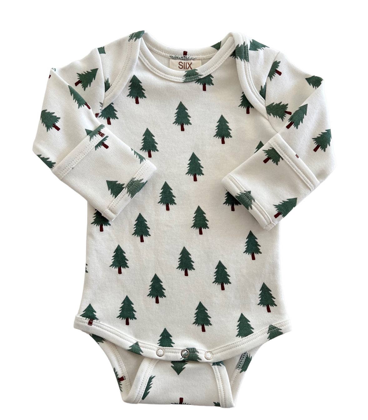 Baby onesie with green tree pattern on a white background