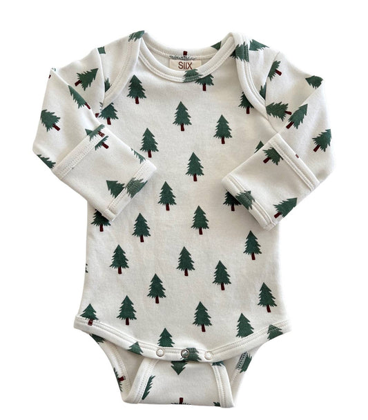 Baby onesie with green tree pattern on a white background