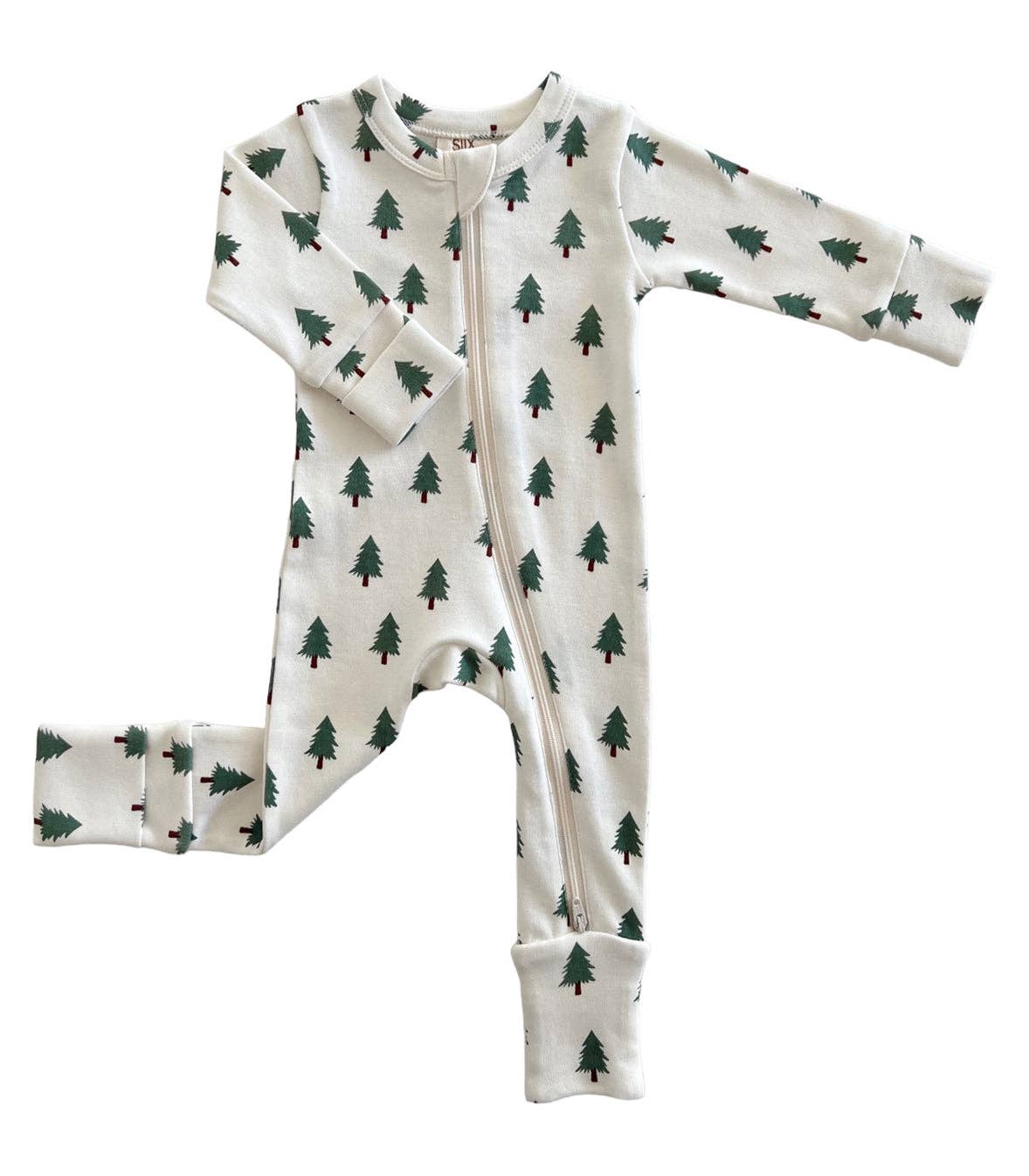 Baby romper with green tree pattern on a white background