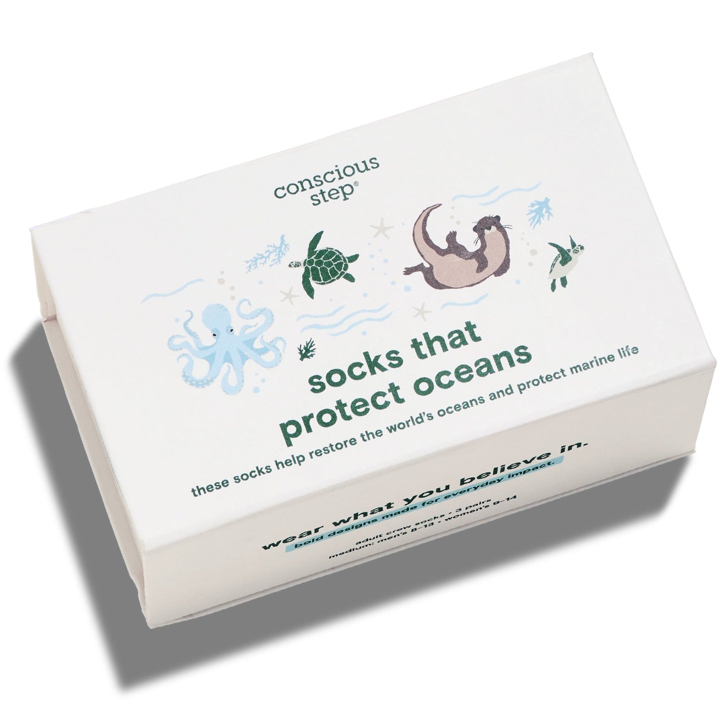 Box of socks that protect oceans with ocean-themed graphics and text.