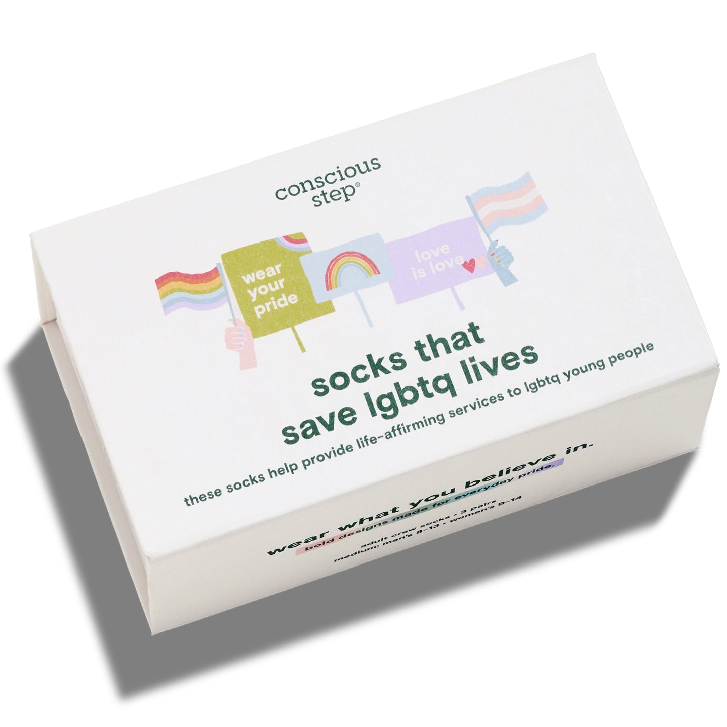 Box of socks with pride-themed graphics and text on a white background