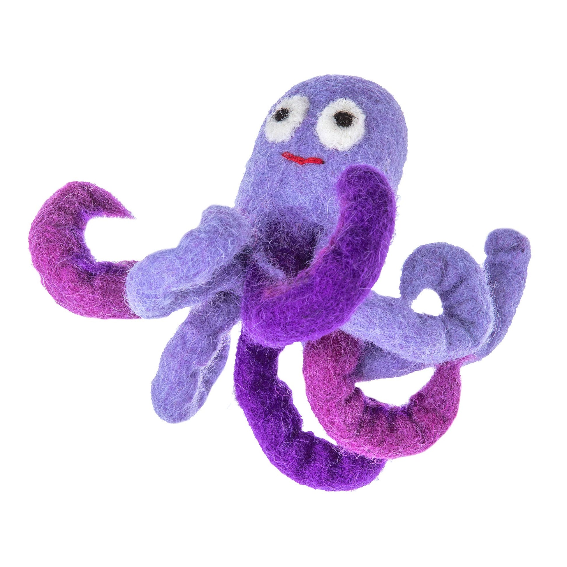 Purple plush octopus finger puppet on a white background