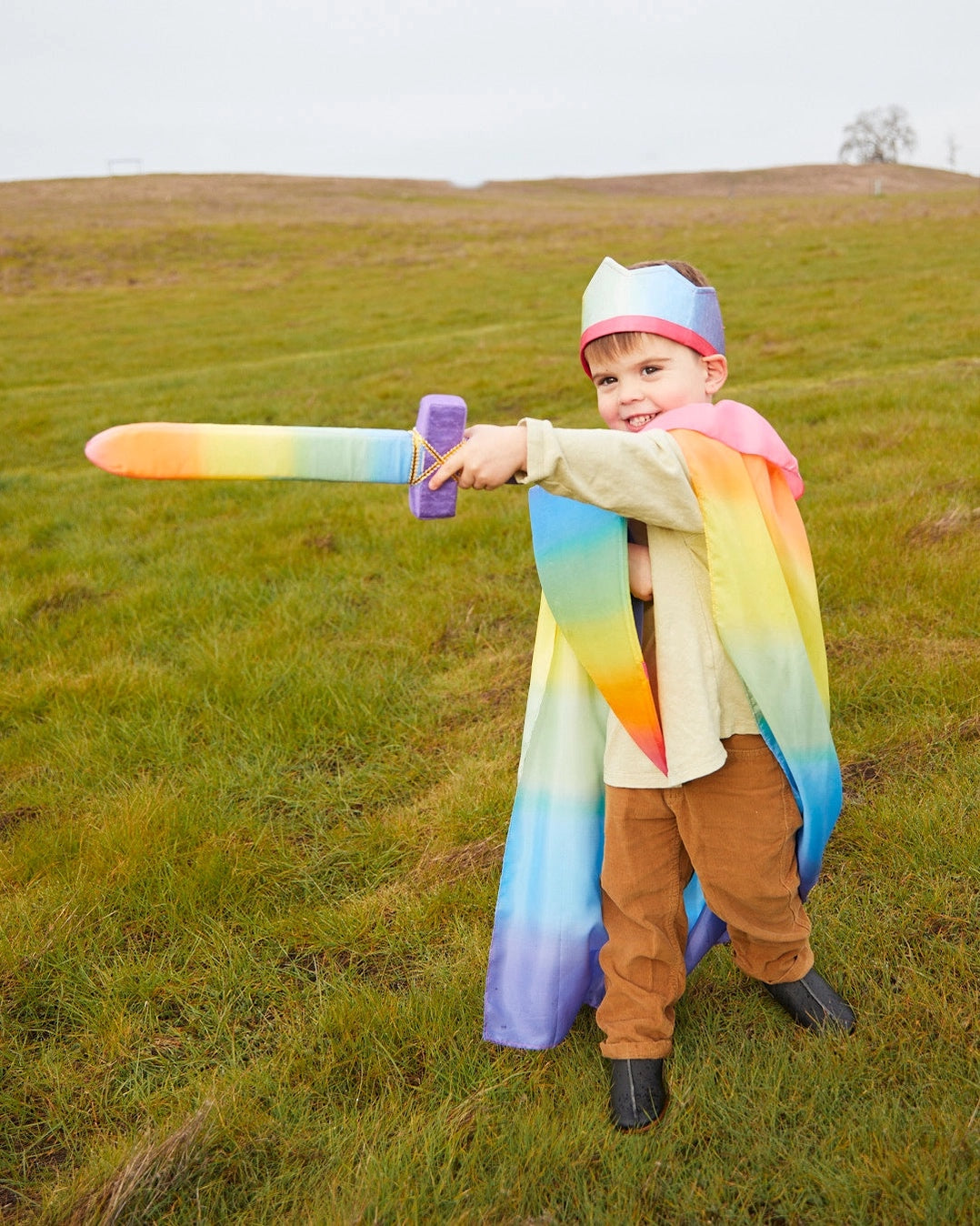 Child wearing a rainbow knight costume outside