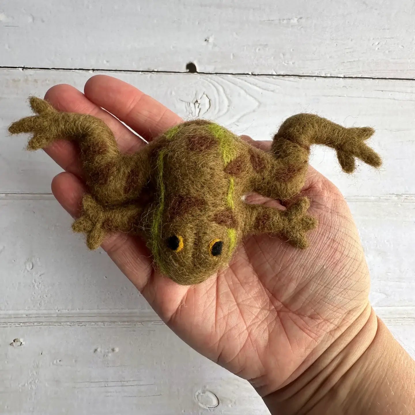 Felt frog held n an adult hand