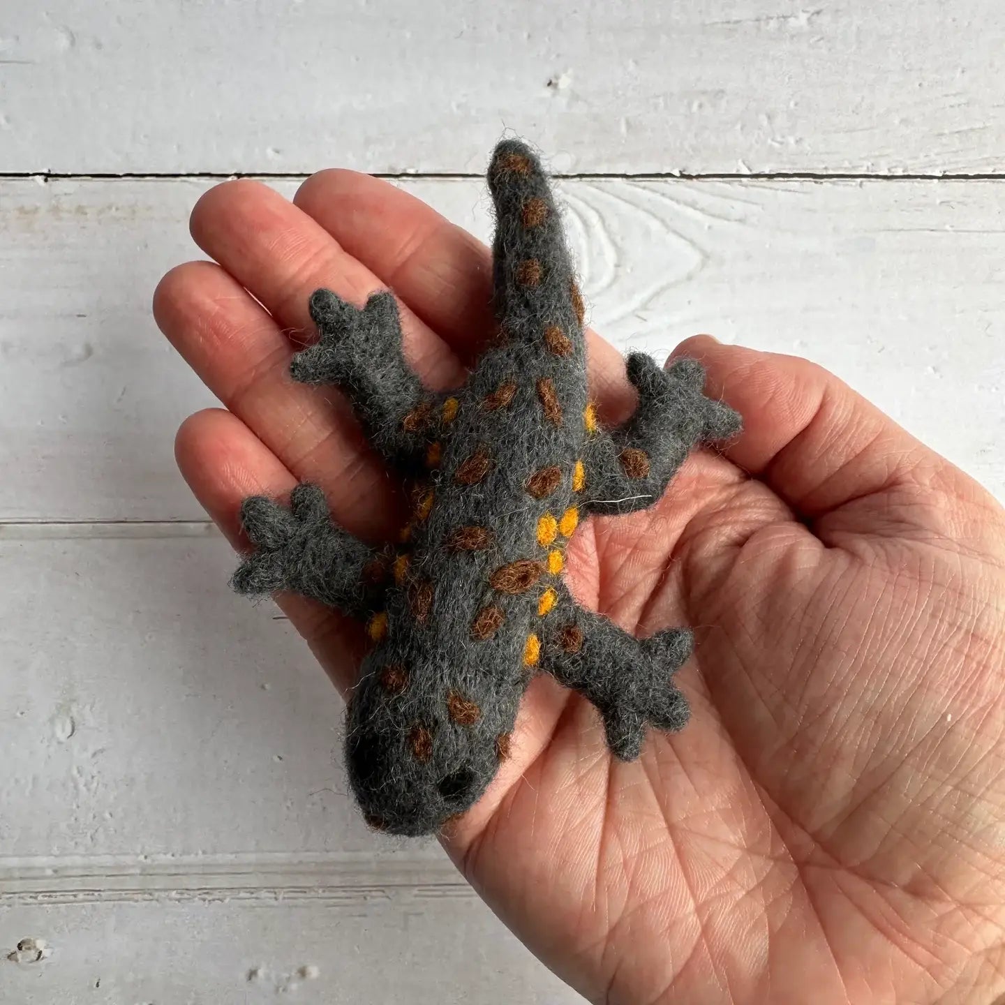 Hand holding a felt salamander