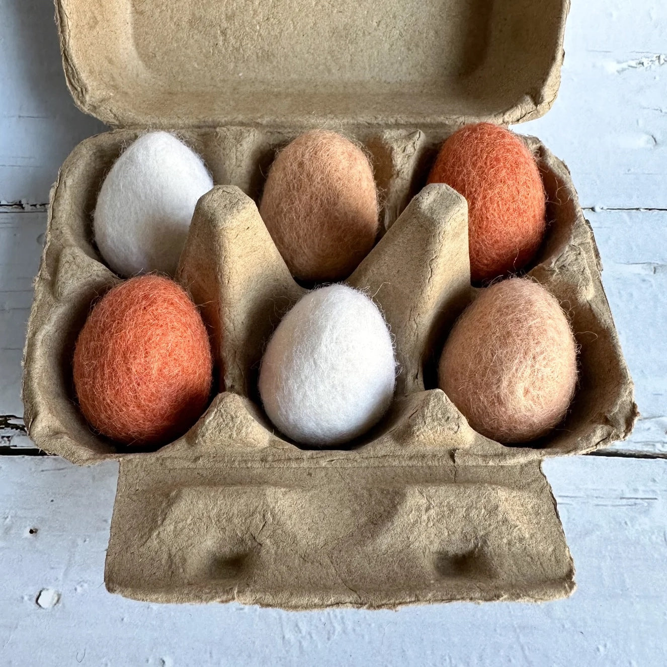 set of six felt eggs with carton