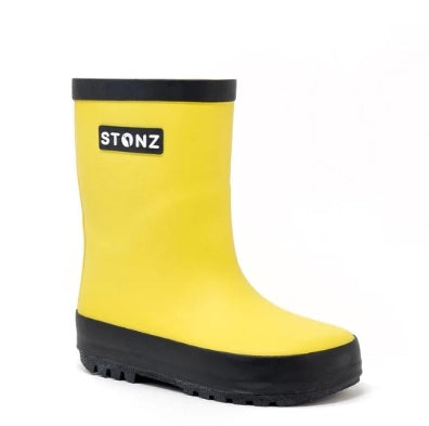 Yellow rain boot with black sole and Stonz logo on a white background