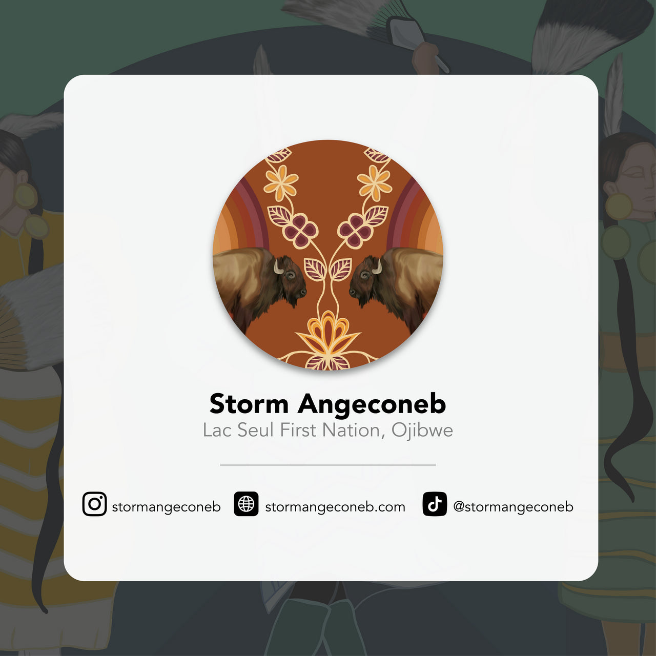 Profile card of Storm Angeconeb with a decorative design on a blurred background