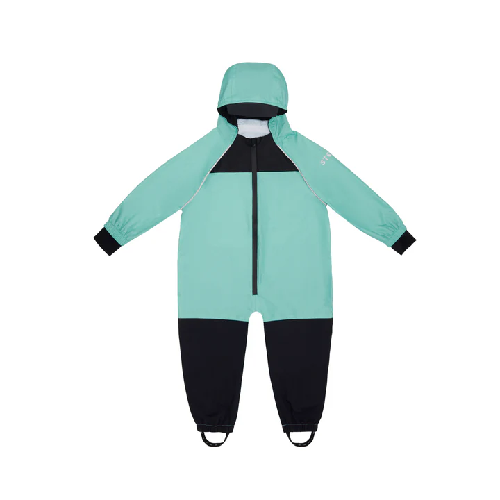 Teal rain suit flat lay