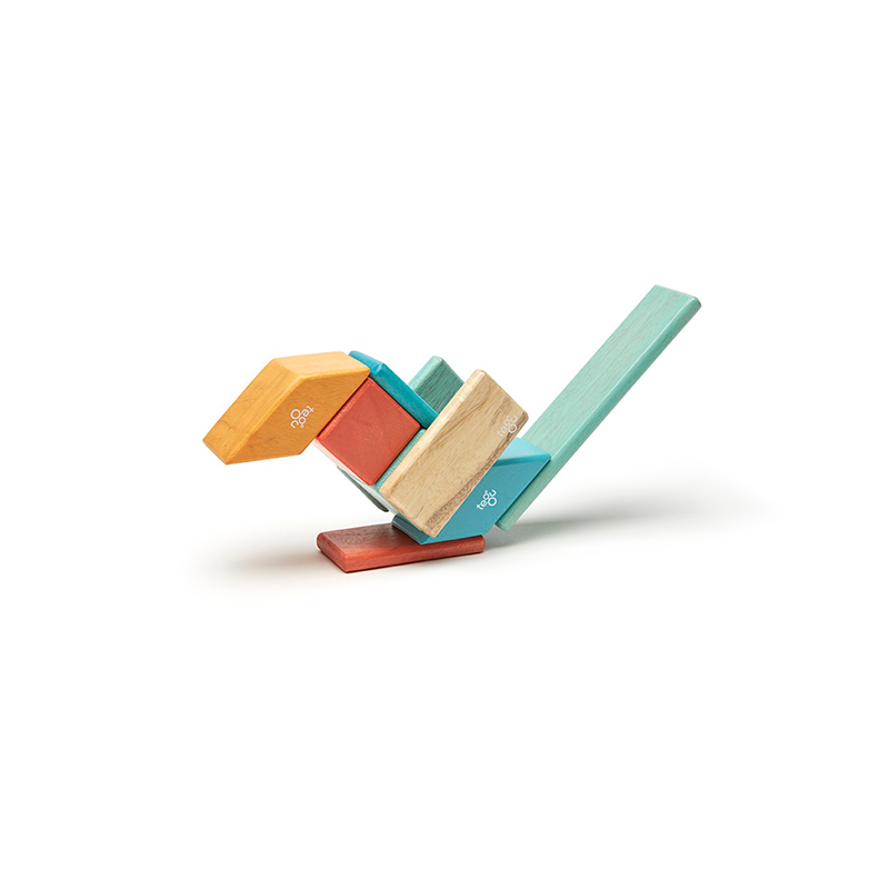 Colorful wooden toy assembled on a white background