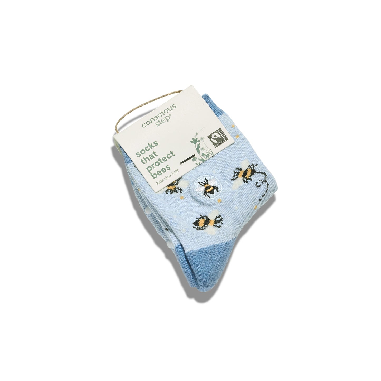 Pair of blue socks with bee design on a white background