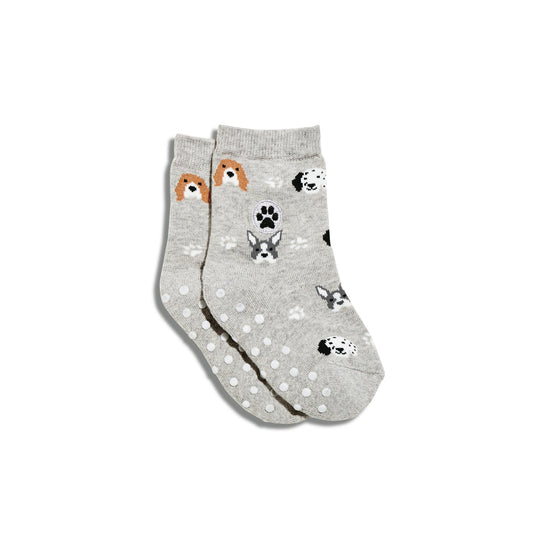 Gray socks with dog illustrations on a white background