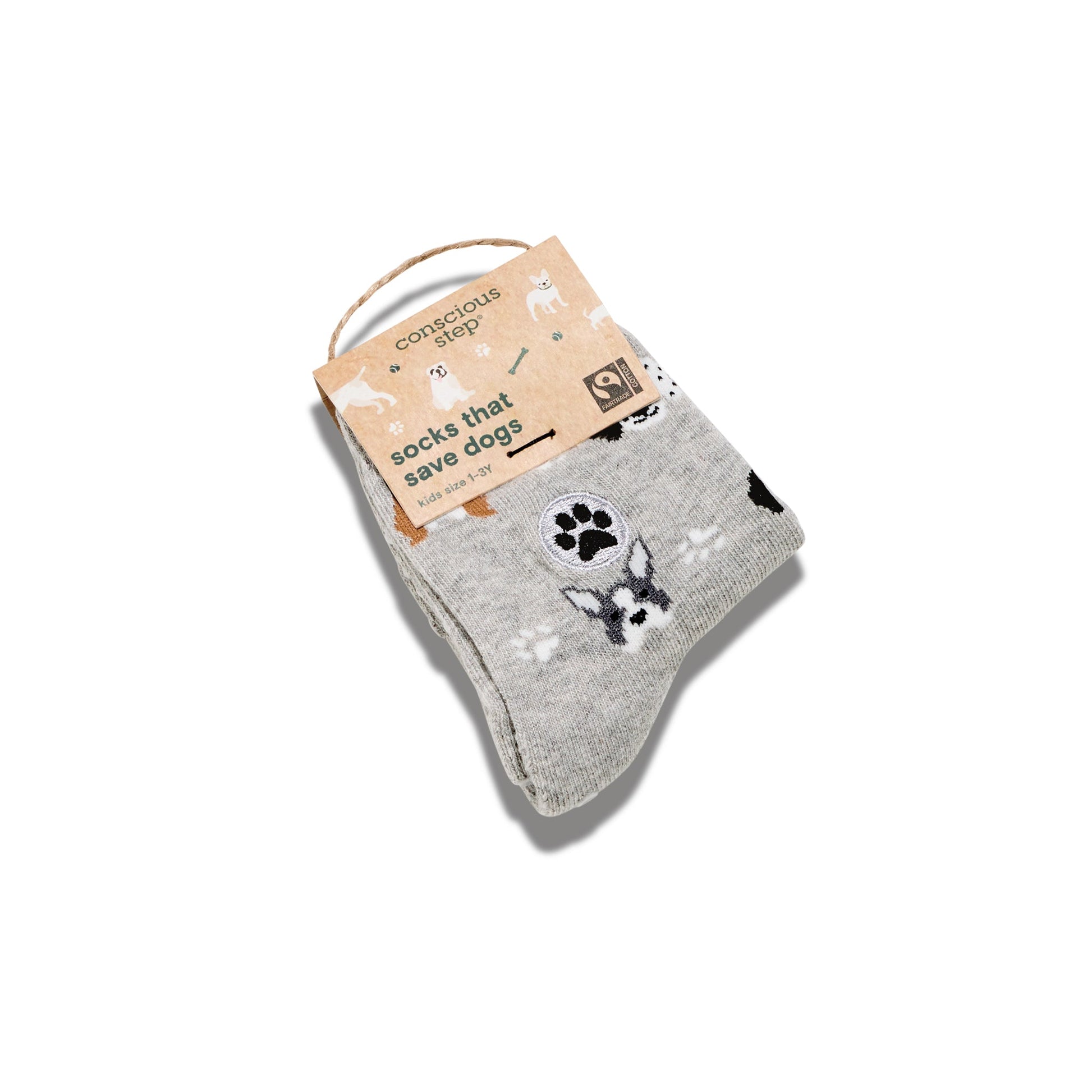 Gray sock with dog design and 'conscious step' packaging on a white background