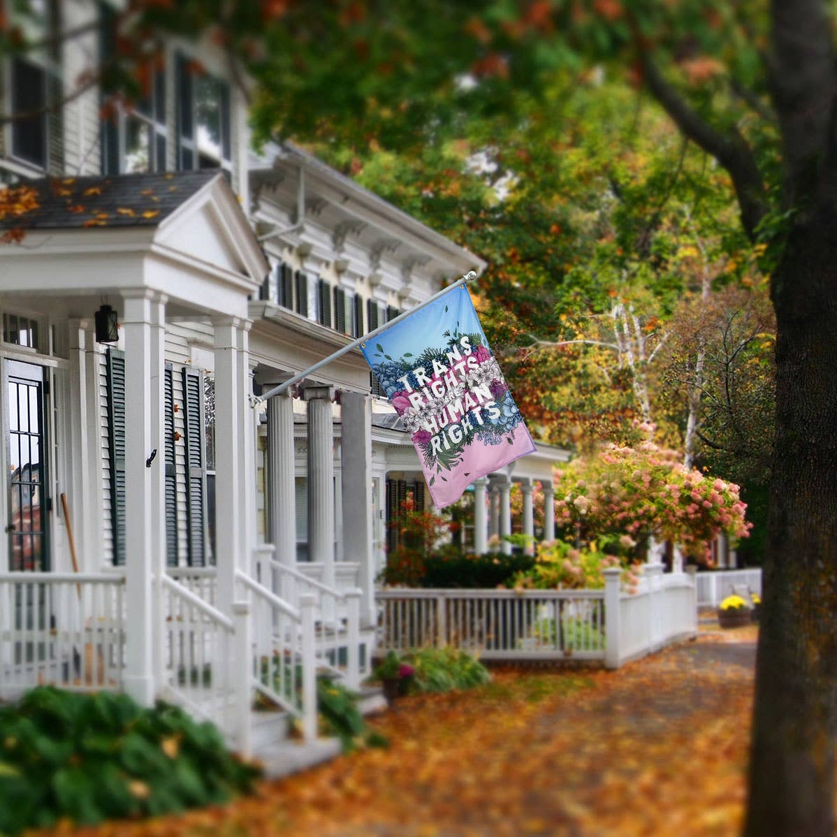 trans pride flag with a flower print decoration and the words "trans rights are human rights" printed on it hanging from a flagpole on a house